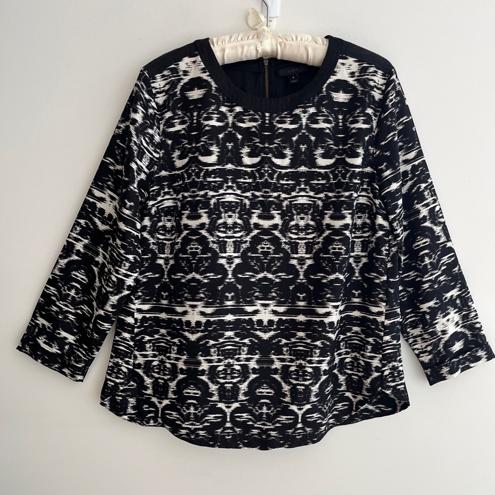 J. CREW Blouse Black & Cream Abstract Ikat Inspired Pattern Zip Back 3/4 Sleeves